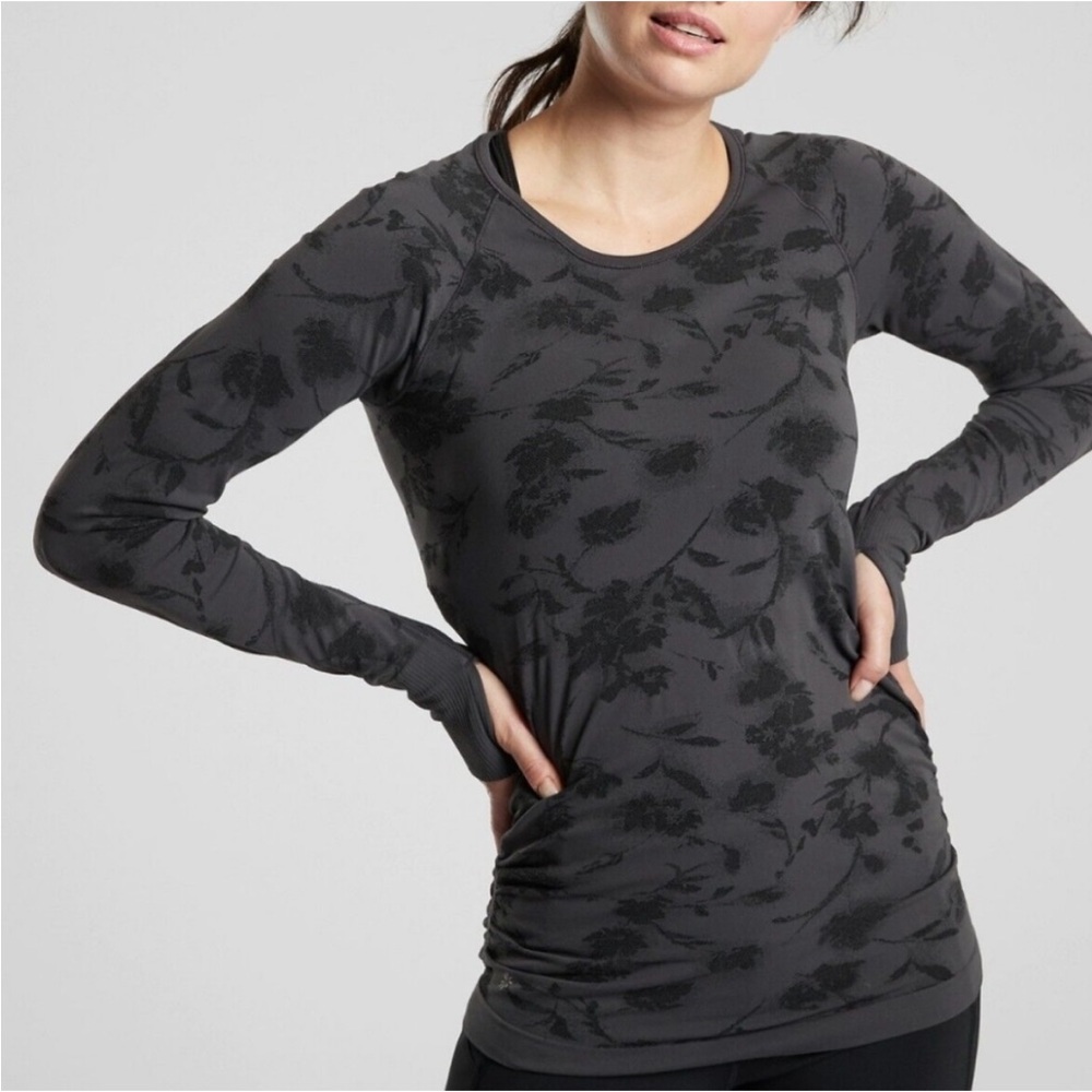 Athleta Speedlight City Bloom Charcoal Floral Ruched Long Sleeve Top, Size Small
